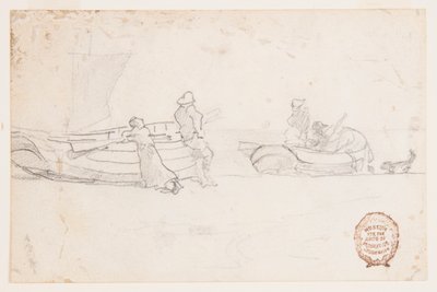Zwei Boote am Strand mit Figuren, Cullercoats, England von Winslow Homer