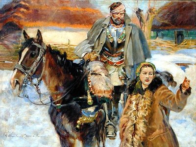 Verwundeter Kürassier mit einem Mädchen, ca. 1930 von Wojciech Kossak