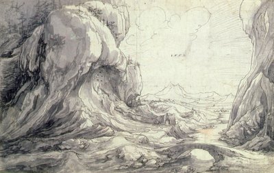 Eine felsige Landschaft mit einer Brücke im Vordergrund von Wolf Huber