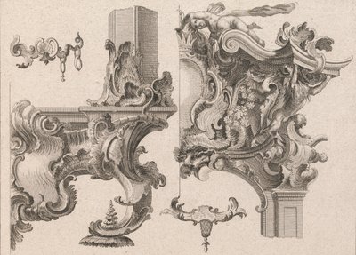 Vorschlag zur Dekoration des unteren rechten und oberen rechten Teils eines Altars, gedruckt ca. 1750-56 von Wolffgang Christoph Mayr