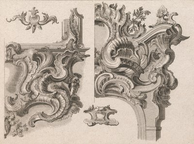 Vorschlag für die Dekoration des unteren rechten und oberen rechten Teils eines Altarrahmens..., gedruckt ca. 1750-56 von Wolffgang Christoph Mayr