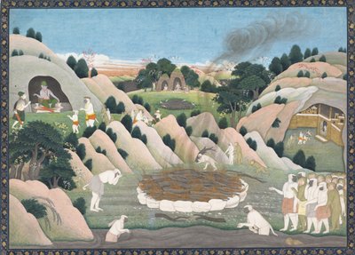 Das Begräbnisfeuer des Affenkönigs Vali: Illustrierte Seite aus einer verstreuten Ramayana-Serie von Workshop active in the First generation