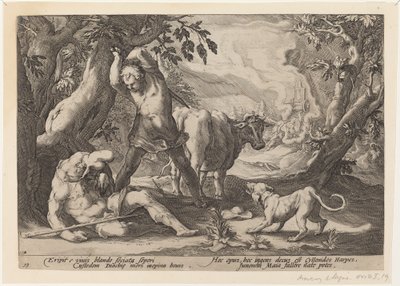 Landschaft mit Merkur, der sein Schwert hebt, um einen schlafenden Argus zu töten von Workshop of Hendrick Goltzius, after Hendrick Goltzius