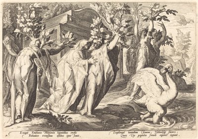 Phaetons Schwestern verwandeln sich in Pappeln, Cygnus in einen Schwan von Workshop of Hendrick Goltzius, after Hendrick Goltzius