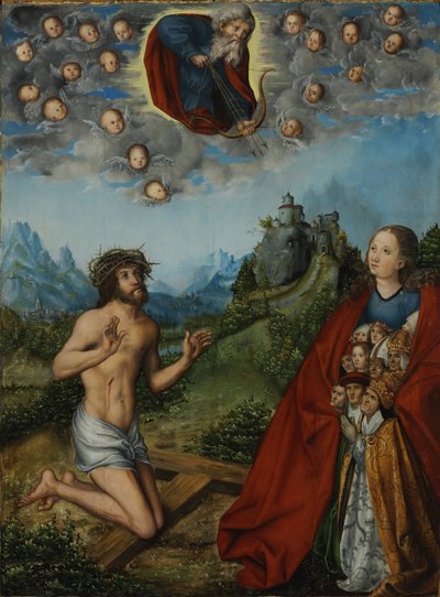 Christus und die Jungfrau, die für die Menschheit vor Gott dem Vater Fürsprache einlegen (Die drei Plagen) von workshop of Lucas Cranach the Elder