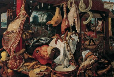 Stillleben mit Fleisch und der Heiligen Familie von Workshop of Pieter Aertsen