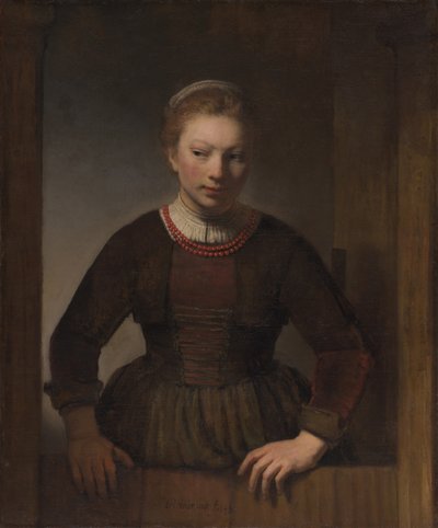 Junge Frau an einer offenen Halbtür von Workshop of Rembrandt van Rijn