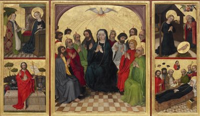 Retabel des Heiligen Geistes geöffnet. Pfingsten, Verkündigung, Geburt Christi, Auferstehung Christi und Tod der Jungfrau, um 1448 von Workshop of the Wolfgang Retable