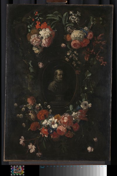 Vorgetäuschte Skulpturbüste des seligen Hieronymus Werdanus in einem vorgetäuschten Steinkartusche, dekoriert mit einem Girlande und zwei Blumensträußen von Wouter Gysaerts