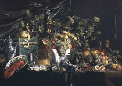 Stillleben mit Obst, einer Fasanenpastete und einem Hummer von Wouter Mertens