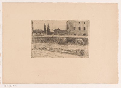 Landschaft mit Bebauung und einer arbeitenden Figur von Xavier Mellery (attributed to)