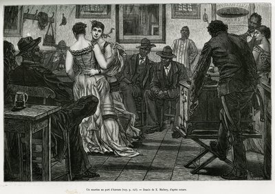 Ein Musiker im Hafen von Antwerpen, wo Matrosen trinken und zum Klang der Drehorgel tanzen können. Gravur von X. Mellery, um die Geschichte von Belgien zu illustrieren, von Camille Lemonnier, veröffentlicht in Le tour du monde, herausgegeben von Edouard Ch von Xavier Mellery