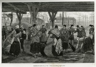 Desalation der Häute, durch Frauen, die die Überreste der Tiere unter den Strukturen der Hallen des Hafens von Antwerpen abkratzen. Gravur von X. Mellery, um die Geschichte von Belgien zu illustrieren, von Camille Lemonnier, veröffentlicht in Le tour du mo von Xavier Mellery