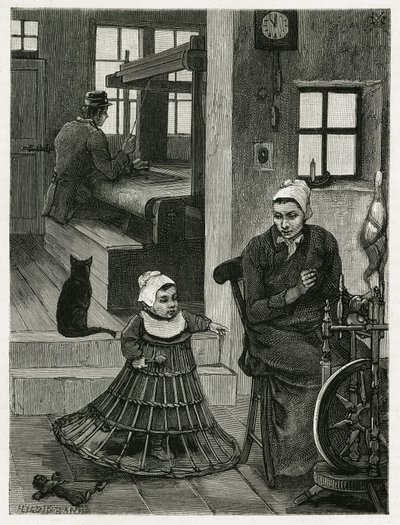 Innenraum der Wohnung und Werkstatt des Webers, mit dem Weber und dem Rad sowie einem Kind mit einem Weidenrock von Xavier Mellery