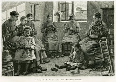 Das Flechten von Stroh in Sluze. Gravur von Xavier Mellery zur Illustration der Geschichte „Belgien“ von Camille Lemonnier, in Le Tour du monde 1886, herausgegeben von Edouard Charton (1807-1890), Hachette, Paris. von Xavier Mellery