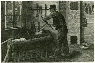Der Saboteur von Terneuzen, vergrößert und gräbt das Holz mit Hilfe von Kramms. Gravur von X. Mellery, nach der Natur, zur Illustration der Geschichte „Belgien“, 1888, von Camille Lemonnier (1844-1913), Kunstkritiker und Schriftsteller. von Xavier Mellery