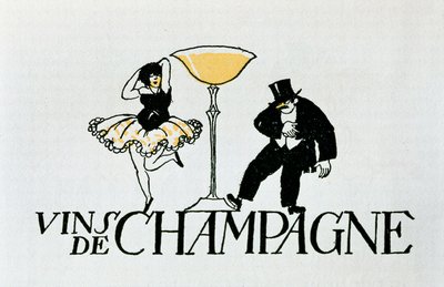 Werbevignette für Champagnerweine, die ein tanzendes Paar um eine Tasse darstellt, 20. Jahrhundert (Plakat) von Xavier Nogues