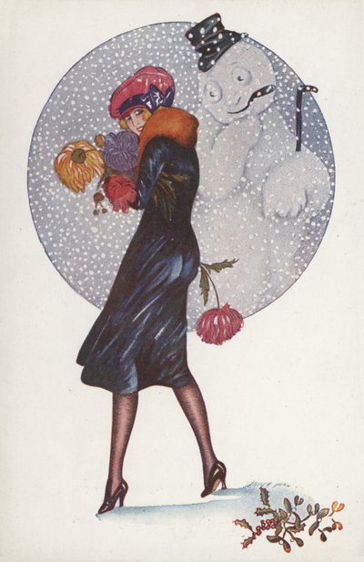 Neujahrskarte mit einem Mädchen und einem Schneemann von Xavier Sager
