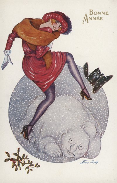 Neujahrskarte mit einem Mädchen und einem Schneemann von Xavier Sager