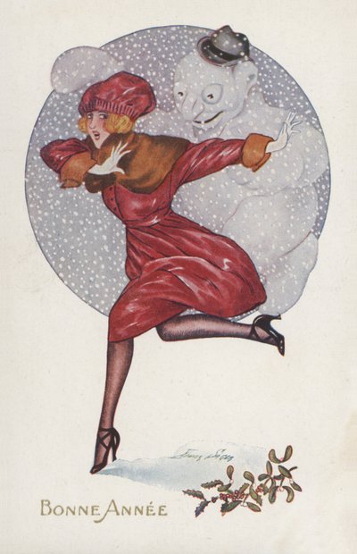 Neujahrskarte mit einem Mädchen und einem Schneemann von Xavier Sager