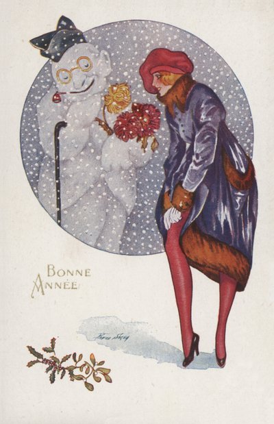 Neujahrskarte mit einem Mädchen und einem Schneemann von Xavier Sager