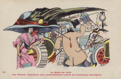 Postkarte, die die Gefahren großer Hüte und dazugehöriger Hutnadeln satirisch darstellt - die Mode von 1909 von Xavier Sager