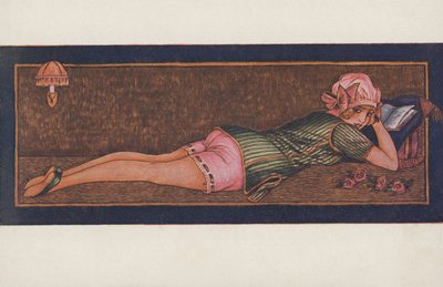 Lesendes Mädchen in Pyjama und Nachtmütze von Xavier Sager