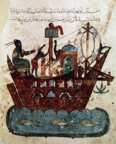 Abu Zayd und Al-Harith segeln von Basra nach Oman, Miniatur aus Maqamat von al-Hariri (Die Treffen), ca. 1240 von Yahya ibn Mahmud Al Wasiti
