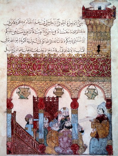 Der wandernde Navigator Abu-Zayd in der Moschee von Basra. Miniatur aus den „Maqamat“ von Abu Mohammed al-Kasim ibn Ali Hariri (1054-1122) von Yahya ibn Mahmud Al Wasiti