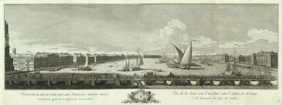 Blick auf den Fluss Newa zwischen der Isaakskirche und dem Kadettenkorps. Buch zum 50. Jahrestag von St. Petersburg, 1753 von Yakov Vasilyevich Vasilyev