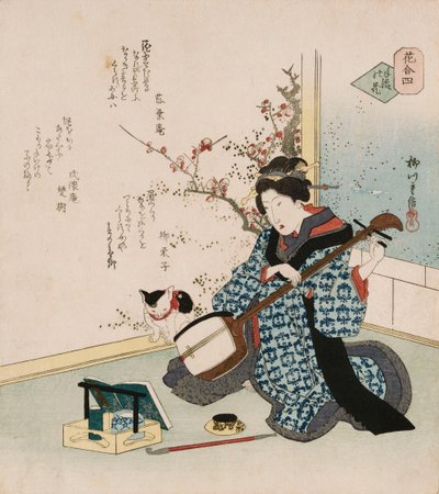 Te-ike no hana "Handgepflückte Blume", ein Begriff, der sich auf eine Geisha oder Kurtisane bezieht, die zur Frau oder Geliebten des Gönners geworden ist, der ihren Vertrag mit einem Bordell gekauft hat, eine Frau darstellend, die ein Samisen stimmt, mit G von Yanagawa II Shigenobu