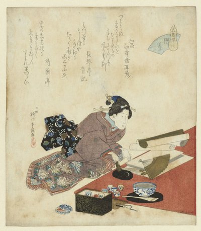 Frau bereitet sich vor, einen Fächer zu beschriften von Yanagawa Shigenobu (II)