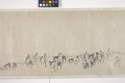 Hundert Esel transportieren Getreide, Handrolle, ca. 1700 von Ye Yin