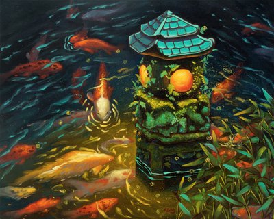Steinlaterne mit Koi-Fischen, 2023 von Yue Zeng