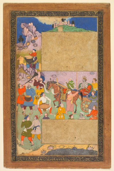 Ein Wagenlenker fährt durch eine felsige Landschaft mit einem Gefolge von Fußsoldaten und Musikern..., 1616 von Yusuf Ali