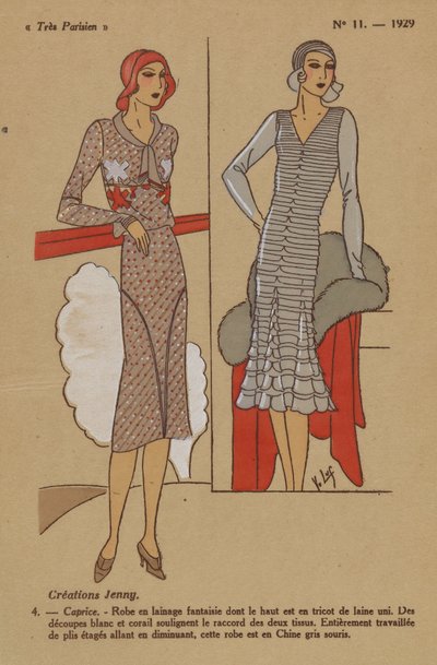 Très Parisien, 1929, Nr. 11: Kreationen Jenny. / 4. - Caprice. - Kleid aus Wollstoff... von Y.v. Luq