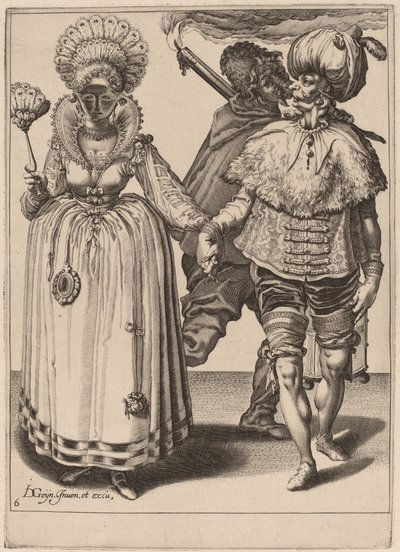Ein Mann mit Turban führt eine Frau mit Pfauenfedern von Zacharias Dolendo after Jacques de Gheyn II
