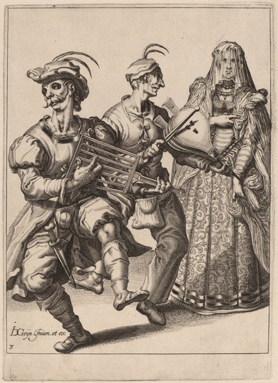 Eine verschleierte Frau mit zwei Musikern, die ein Grillrost und einen Blasebalg spielen von Zacharias Dolendo after Jacques de Gheyn II