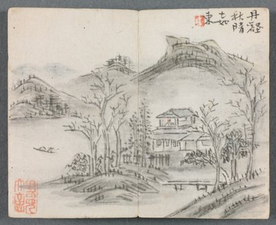 Miniaturalbum mit Figuren und Landschaft (Landschaft mit Hügel, Haus, Boot und Brücke) von Zeng Yandong