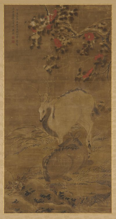 Ein Hirsch, eine Hirschkuh und rote Kamelien im Schnee von Zhou Yuan