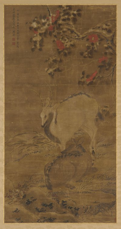 Ein Hirsch, eine Hirschkuh und rote Kamelien im Schnee, 1367 von Zhou Yuan