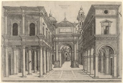 Eine Straße mit verschiedenen Gebäuden, Kolonnaden und einem Bogen von Zoan Andrea