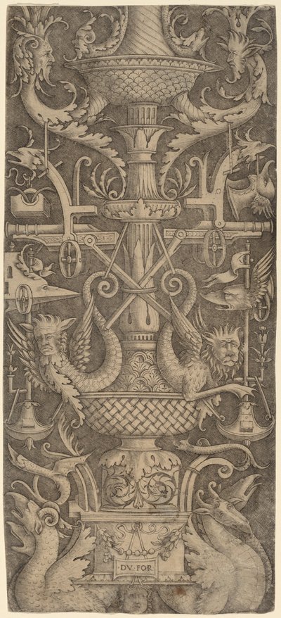 Ornamenttafel mit Drachen, Masken und Kriegsinstrumenten, um 1505 von Zoan Andrea