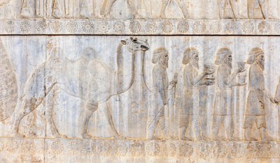 Antikes Relief der Achämeniden; Delegation der Parther mit Kamel; Apadana-Palast; archäologische Stätte; antike persische Stadt Persepolis; UNESCO-Weltkulturerbe; Provinz Fars; Iran; Asien von Frederick (attr. to) Barnard