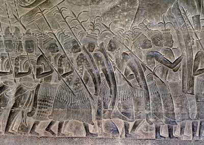 Angkor Wat, Angkor, Kambodscha, frühes 12. Jahrhundert mit späteren Ergänzungen. Dieses Detail der Reliefs in der Galerie zeigt das thailändische Volk als Verbündete der Khmer-Armee von Hippolyte Lalaise Devéria