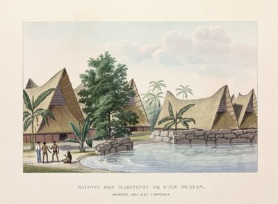 Architektur Häuser auf Oualan, Karolineninseln von Frederick (attr. to) Barnard