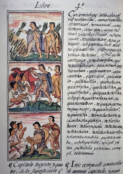 Glauben und Aberglauben, Buch IV des Florentiner Kodex, zweisprachige Version in Spanisch und Nahuatl, Allgemeine Geschichte der Dinge von Neuspanien (Historia general de las cosas de Nueva Espana) von Georg Carl Heinrich Dollmann