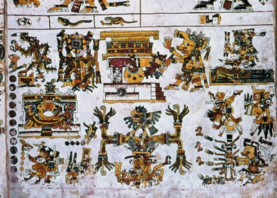 Detail aus einer Faksimile-Kopie einer Seite des Codex Borgia, die die vier Richtungen und das Zentrum zeigt (Farblithografie) von Hippolyte Lalaise Devéria