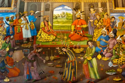 Fresko; Bankett mit tanzenden Mädchen; Shah Tahmasp empfängt den indischen Mogulkaiser Homayun; 1544; Chehel Sotoun; Vierzig-Säulen-Palast; Isfahan; Iran; Asien von Frederick (attr. to) Barnard