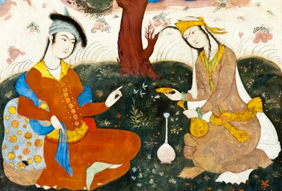 Fresko; zwei Liebende; persische Miniatur; Chehel Sotoun; Vierzig-Säulen-Palast; Isfahan; Iran; Asien von Frederick (attr. to) Barnard